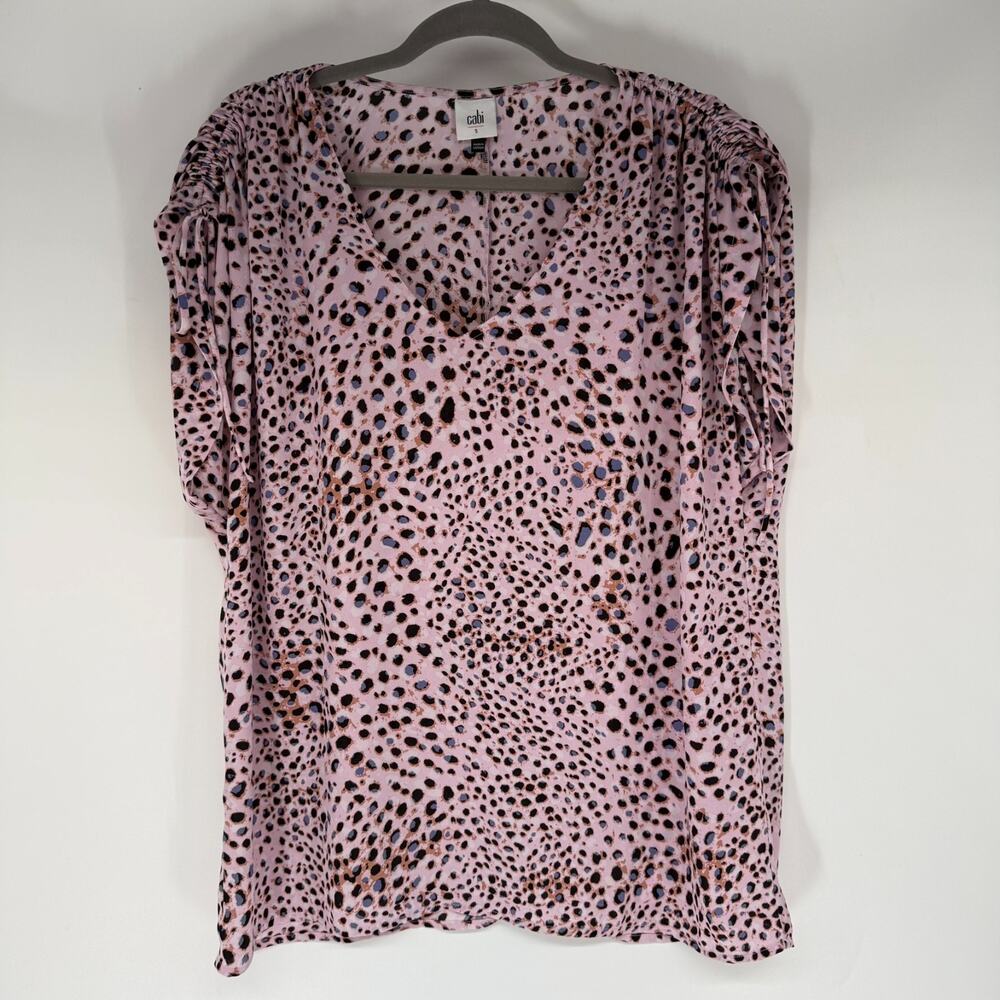 Cabi Seaside Blouse Womens S Pink Animal Print V-Neck Ruched Dolman Sleeve #5980